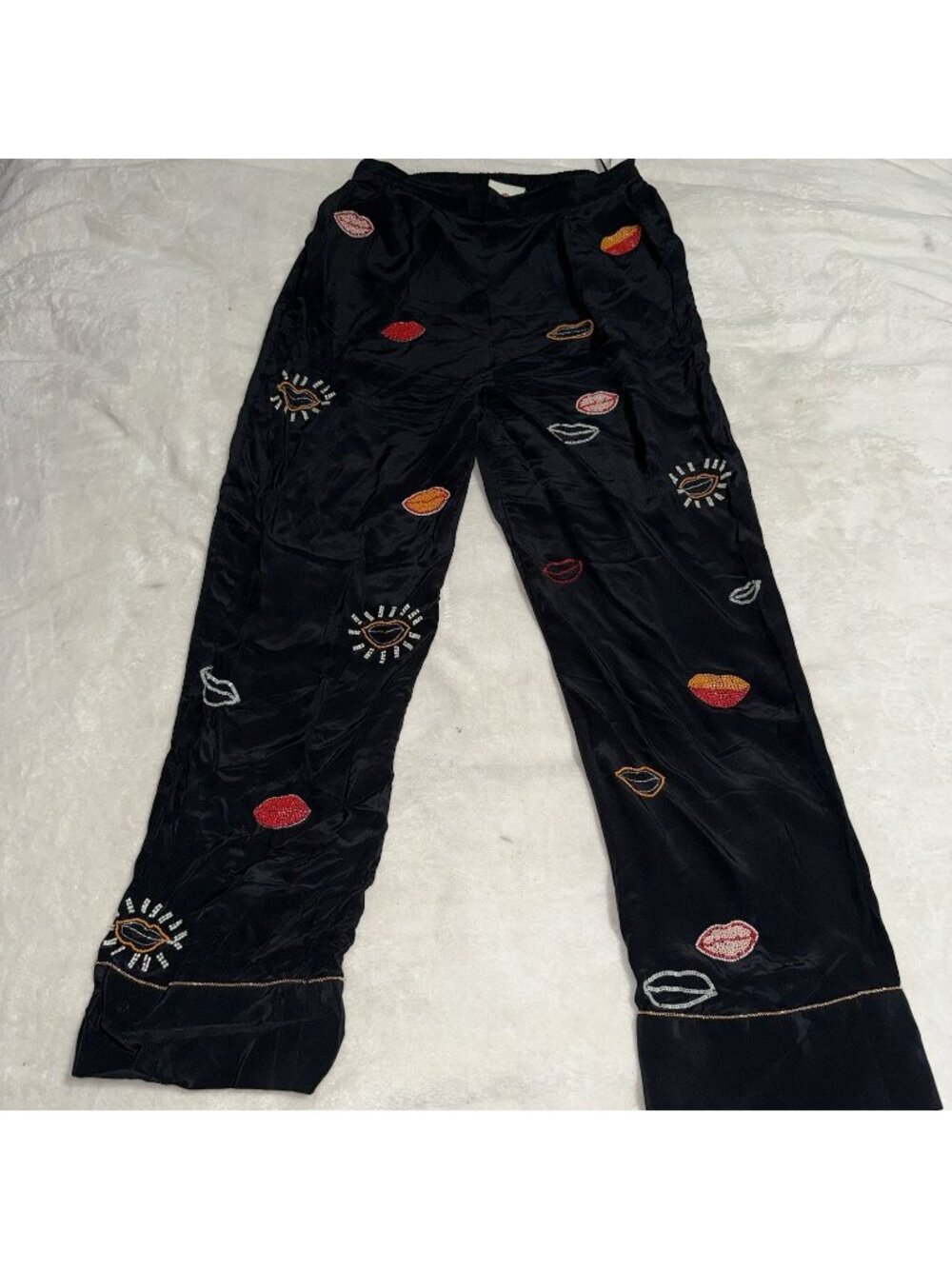 FARM Rio Womens M Black Beaded Lips Wide Leg Pants 100% Viscose Embellished